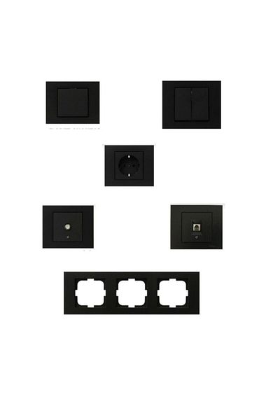 OVİVO Grano Black Set (10 Switch + 3 Commutator + 20 T.prise + TV + Phone + 1 Triple + 3 Double + 15 Single Frame)