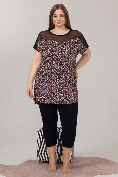 quilling Plus Size Black Polka Dot Capri Pajama Set - Lady 10634