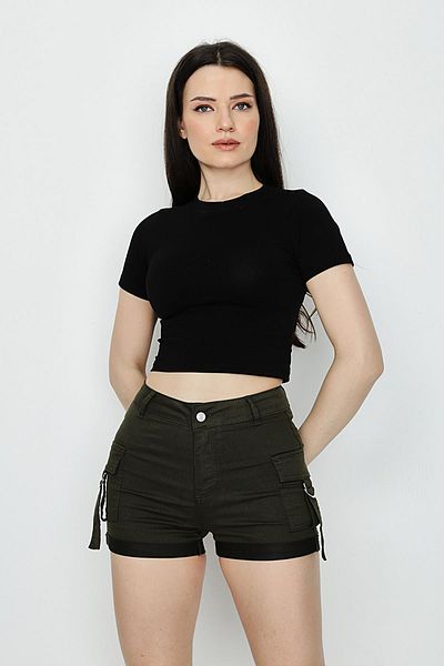 Select Moda Women's Khaki Cargo Pocket Mini Shorts