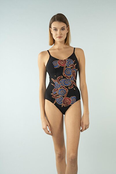 Estiva Desenli İnce Askılı V Yaka Mayo - Siyah