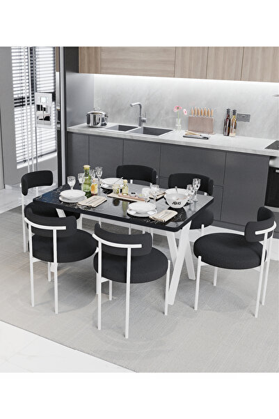 AVVİO Larina Beyaz Teddy Sandalye 80x140 Yemek Masası Mutfak Masası 6 Kişilik...