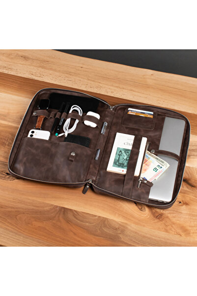 MOFT Hakiki Deri 14" Organizer Laptop Çantası Kahverengi