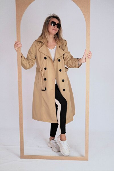 Kosta Moda Klasik Kadın Trençkot Kaban Pardesü Duğmeli Kemerlı Uzun Dökümlü Kuşaklı