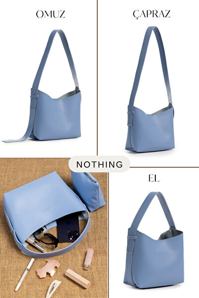 NOTHING Geantă de machiaj din piele albastră pentru femei, cu design în 3 etape, geantă de mână, umăr și crossbody cu curea reglabilă