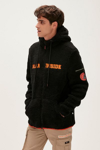 Bad Bear Shaggy Plush Full-zip Black Plush Men's Hooded Sweatshirt