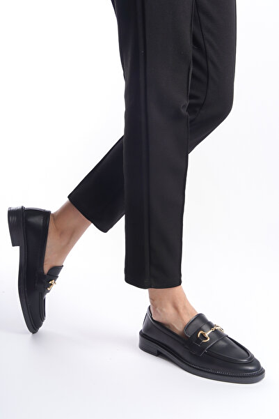 Moda Değirmeni Γυναικεία Loafer Casual Παπούτσια με αγκράφα Black Skin Bg1095-112-0006