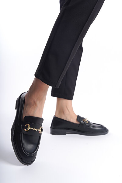Moda Değirmeni Γυναικεία Loafer Casual Παπούτσια με αγκράφα Black Skin Bg1095-112-0006