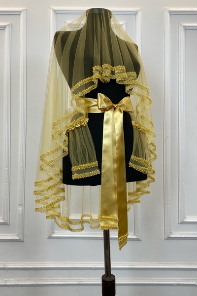 ZEYMERADE Gold Gelin Duvak Seti, Çift Sıra Cam Boncuk ve İnci İşlemeli, Kına ...