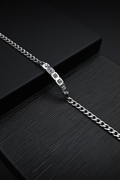 FRNCH 316L Çelik İtalyan Model Beyaz Zirkon Taşlı Gümüş Renk Erkek Bileklik F...