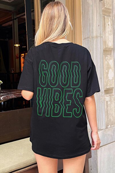 Swist Μαύρο Good Vibes Back Printed Oversize γυναικείο μπλουζάκι