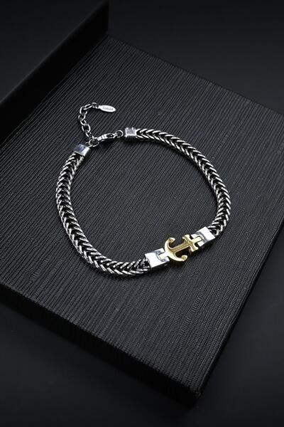 FRNCH 316L Çelik İtalyan Model Çapa Figürlü Gümüş-Altın Renk Erkek Bileklik F...