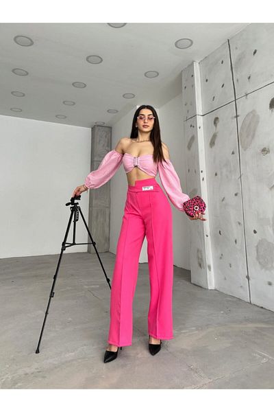 ubmbutik Women's Palazzo Trousers - Two Buttons with Cross Belt - Crest Detail Design Trousers