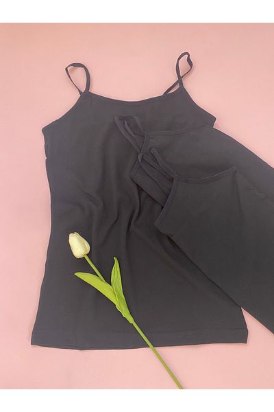 LEYNA BUTİK Women's 3-Pack Oval Collar Black Color Cotton Lycra Rope Strap Combed Cotton Tank Top