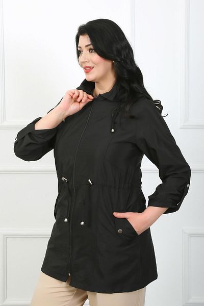 By Alba Collection Women's Black Parachute Fabric Large Size Trench Coat