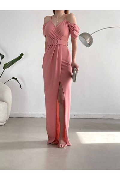 MODA DİNA Λεπτομέρεια με μανίκια με ζώνη Μακρύ βραδινό φόρεμα, φόρεμα επιστροφής στο σπίτι