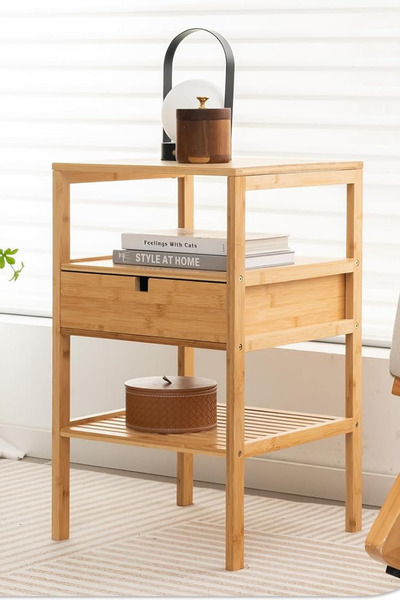 NEWNOW Bambu Komidin, Çekmeceli ve Depolama Raflı, Oturma Odası Yatak Odası Ofis için 3 Katmanlı