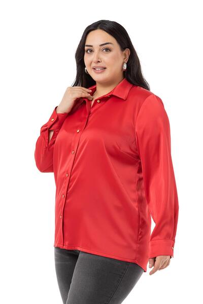 DISENTIS MODEST Large Size Satin Textured Red Shirt with Cuffs