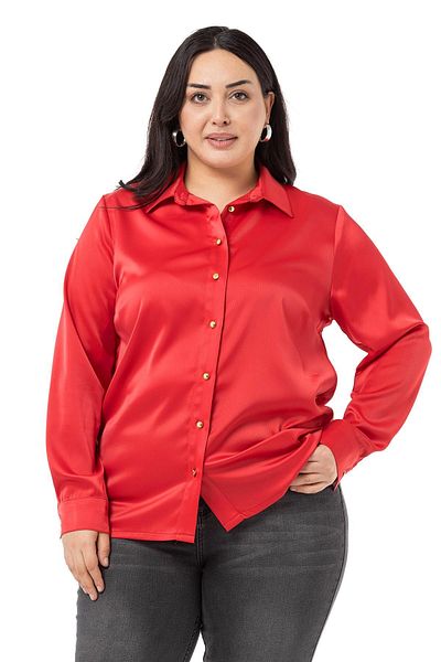 DISENTIS MODEST Large Size Satin Textured Red Shirt with Cuffs