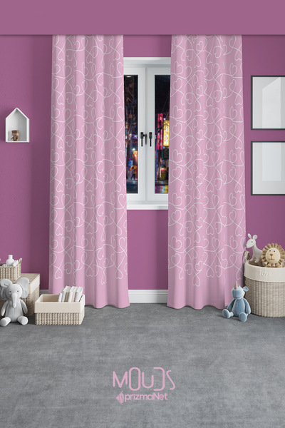 Moud's Pembe Kalp Desenli Fon Perde Çocuk ve Bebek Odası Süet Baskılı Ekstraf...