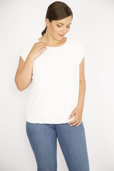 Şans Women's Bone Plus Size Front Lined Tulle Collar Pleated Blouse 65n36668