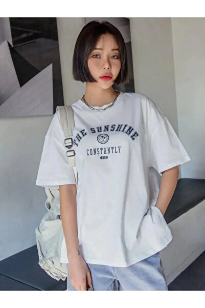 npLStore Sunčano svetlo Štampano okrugla kragna Oversize kroj Unisex T-shirt