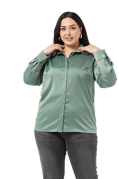 DISENTIS MODEST Plus Size Satin Textured Mint Green Shirt with Cuffs