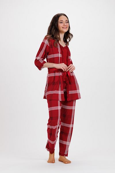 Ecrou Set pijama 3 piese pentru femei, roșu, în carouri, cu mâneci trei sferturi, cu mâneci trei sferturi