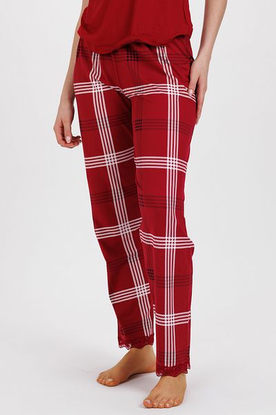Ecrou Set pijama 3 piese pentru femei, roșu, în carouri, cu mâneci trei sferturi, cu mâneci trei sferturi