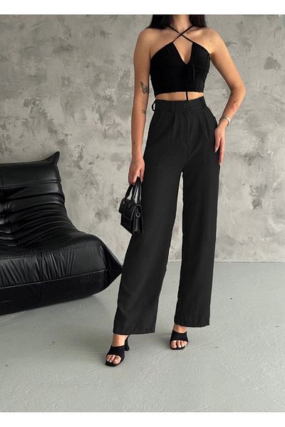 hazelin Women's Black High Waist Wide Leg Pocket Imported Linen Trousers HZL24S-FRY121821