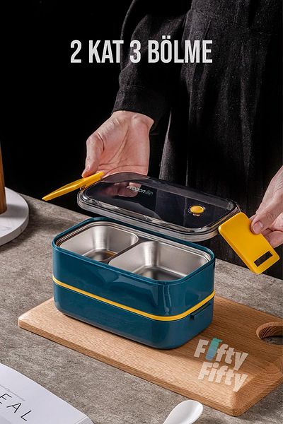 Vagonlife 1400 ML Two Layers Three Compartments Stainless Steel Bento Lunch Box New Generation Lunch Bowl - Fork/Eyebrow