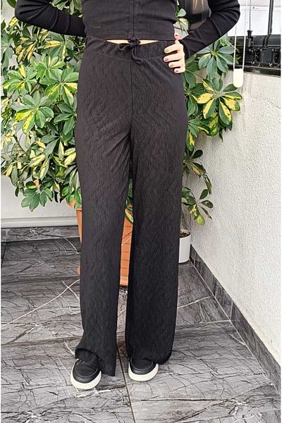 Kübra Tekstil Black Wide Leg Ribbed Women's Trousers