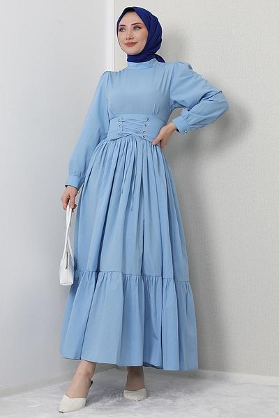 GİZ AGİYİM Waist Detail Hijab Dress Baby Blue