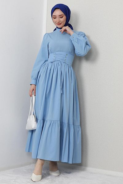 GİZ AGİYİM Waist Detail Hijab Dress Baby Blue