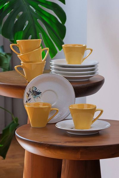 Glore Asian Blue Flower 12 Piece Gold Gilded Ceramic Coffee Set for 6 People