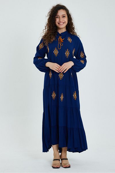 AYASOFYA OTANTIK Rochie lungă etnică autentică, albastru bleumarin, cu guler cu plăcuțe, broderie etnică, cu mânecă lungă