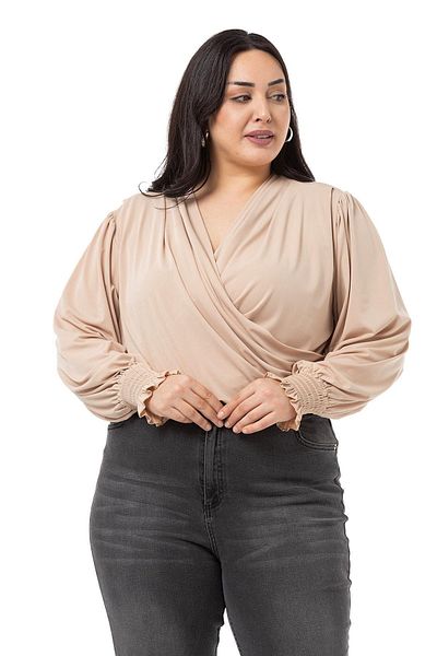 DISENTIS MODEST Plus Size Double-breasted Sleeve Beige Blouse with Rubber Gipe Detail and Snap Fasteners