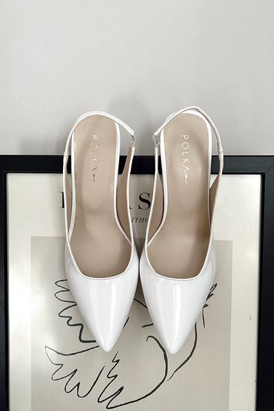 POLKA STORE Spark Piele Lacuita Alb Varf Ascutit Spate Deschis Stiletto seară Rochie Cu Toc Pantofi damă 