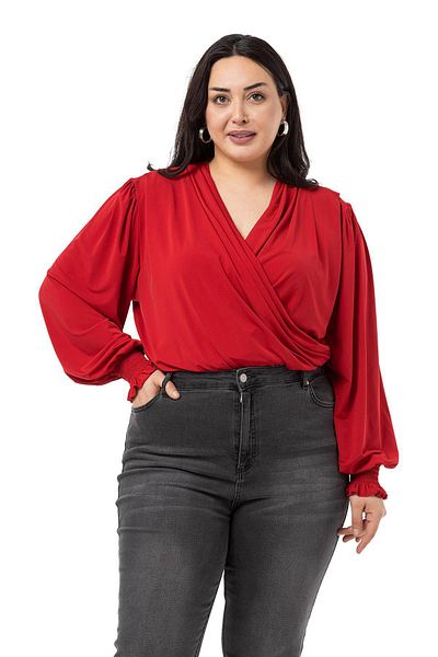 DISENTIS MODEST Plus Size Double Breasted Sleeve Red Blouse with Rubber Gipe Detail and Snap Fasteners