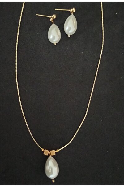 İnci Mode 24k Altın Kaplama Gerçek Damla Mayorka Sade Tasarım Kolye Top Küpe Set