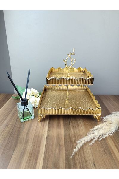 farklı evim 1st Class Super Quality 2 Layer Metal Square Presentation Decorative Accessory Gold Color