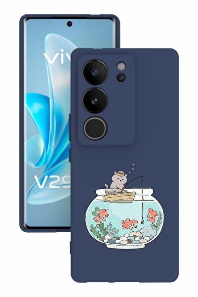 vivo V29 Baskılı Ve Kamera Korumalı Lacivert Renk Silikon Kılıf