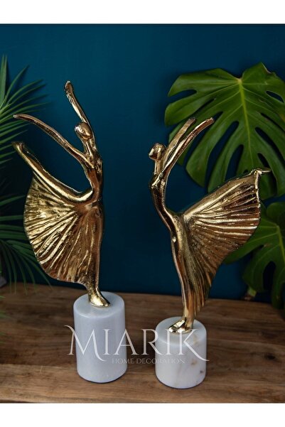 MIARIK DESIGN & DEKORASYON Dekoratif Beyaz Mermer Kaideli 2li Gold Balerin Dekor