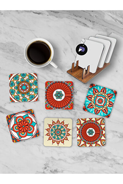 Postermanya مجموعة قواعد الأكواب الخشبية بنمط ماندالا العرقي مع حامل، 6 قطع م...