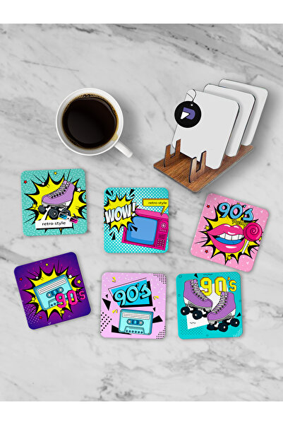 Postermanya مجموعة قواعد الأكواب الخشبية من التسعينيات مع حامل الحنين، 6 قطع ...