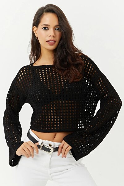 KaSheHa Siyah Kayık Yaka Fileli Tunik Bluz 44 Cm