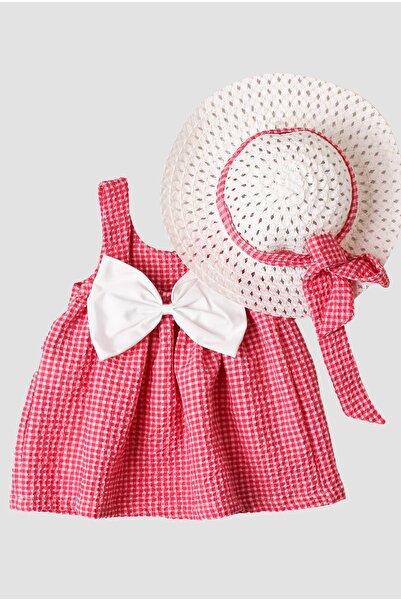 Chicsy Baby Şapkalı Pötikare Desenli Fiyonklu Esnek Kız Bebek Elbisesi