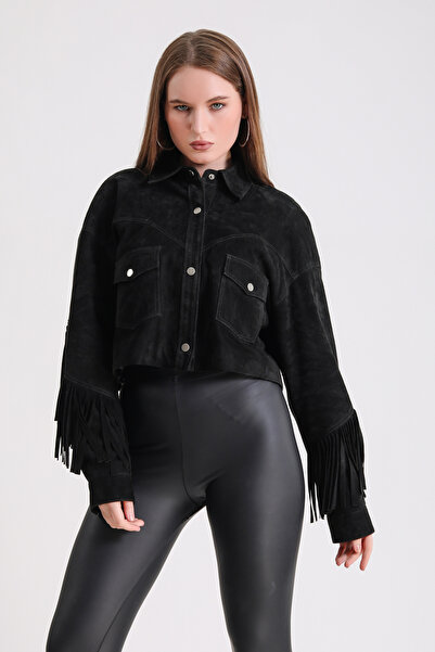 Leather Club Siyah Püsküllü Crop Süet Ceket