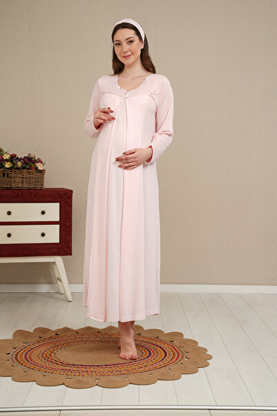 BLACKMORE طقم ثوب نوم نسائي من الدانتيل بلون مسحوق - كم طويل، قطن، باندانا للحوامل