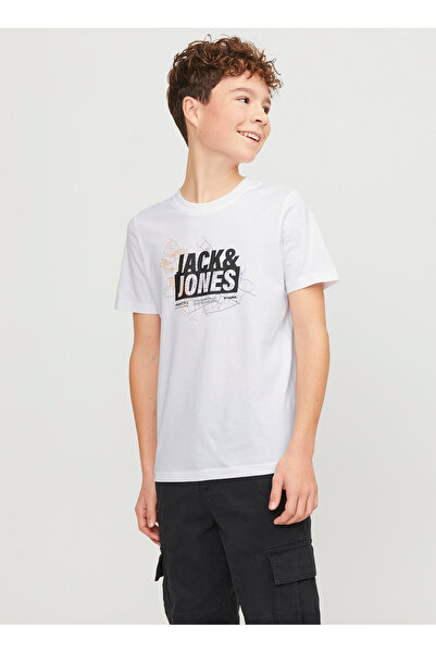 Jack & Jones Біла чоловіча футболка з принтом JCOMAP LOGO TEE SS CREW NECK JNR