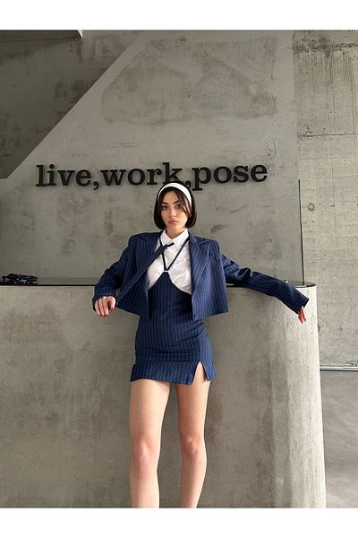 Friday Mood Set rochie și jachetă cravată pentru femei în dungi